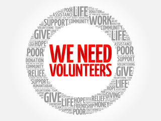 WE NEED VOLUNTEERS word cloud collage, concept background