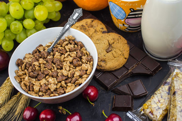 breakfast background, fruit, chocolate and Cereal on table