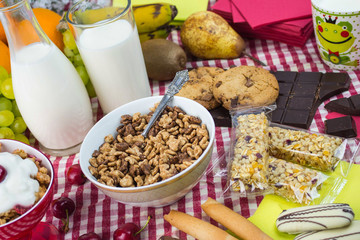 breakfast background, fruit, chocolate and Cereal on table