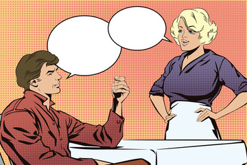 Client cafes talking with the waitress.