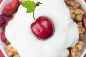 breakfast, Cereal with white Yogurt and tasty grapes