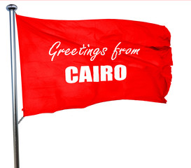 Greetings from cairo, 3D rendering, a red waving flag