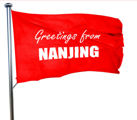 Greetings from nanjing, 3D rendering, a red waving flag