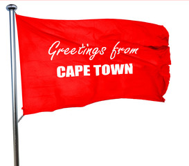 Greetings from cape town, 3D rendering, a red waving flag