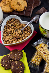 breakfast background, fruit, chocolate and Cereal on table