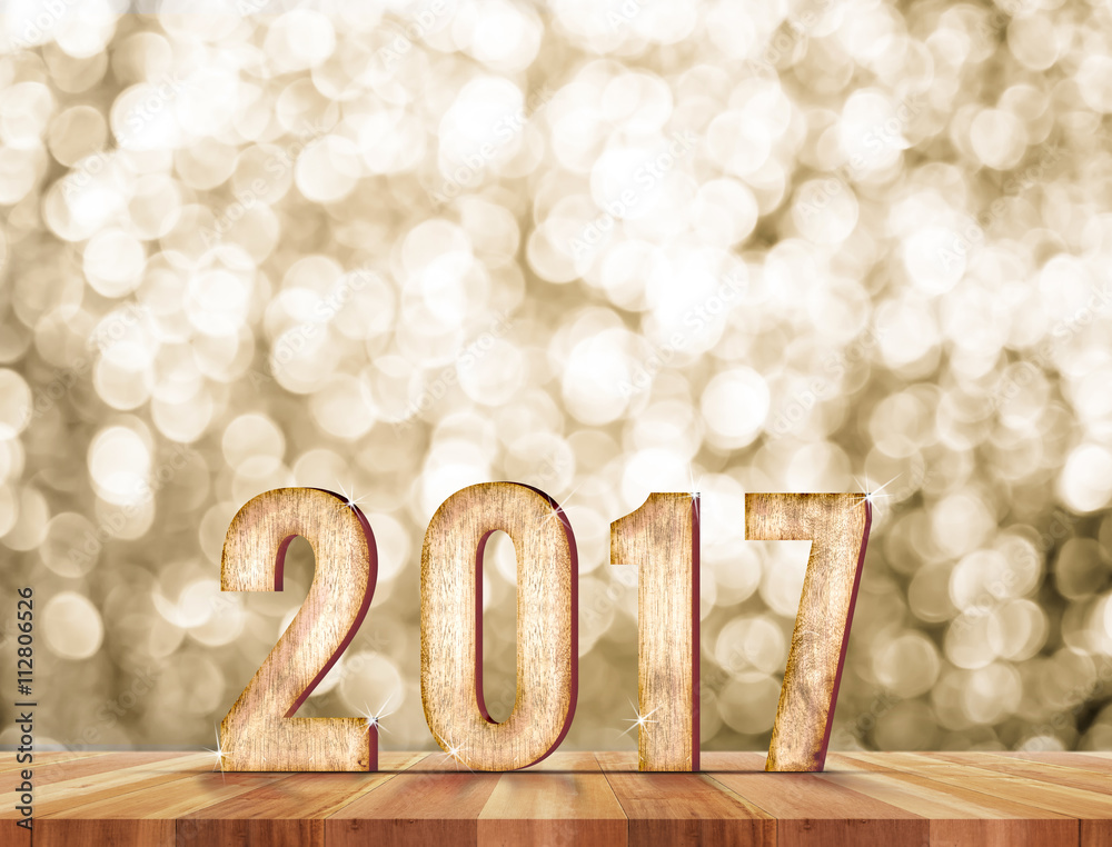 Poster 2017 year wood number in perspective room with sparkling bokeh w