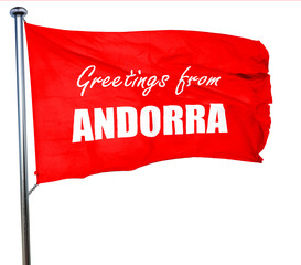 Greetings from andorra, 3D rendering, a red waving flag
