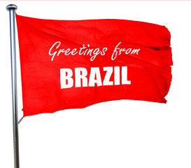 Greetings from brazil, 3D rendering, a red waving flag