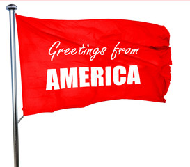 Greetings from america, 3D rendering, a red waving flag