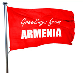 Greetings from armenia, 3D rendering, a red waving flag