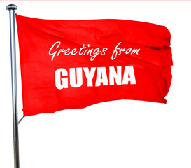 Greetings from guyana, 3D rendering, a red waving flag