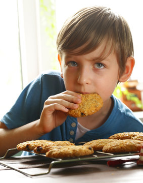 Blond Boy Eating Oatmeal Cookies On Kitchen 