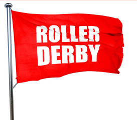 roller derby, 3D rendering, a red waving flag