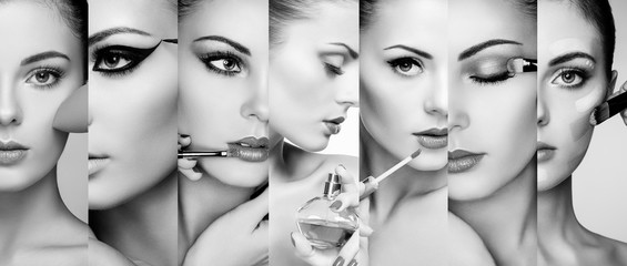 Beauty collage. Faces of women. Fashion photo. Makeup artist applies lipstick and eye shadow. Woman applying perfume - obrazy, fototapety, plakaty