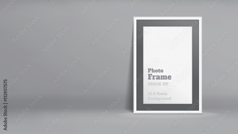 Poster vector, blank photo frame in dark grey studio room, template mock up for display or montage of your 