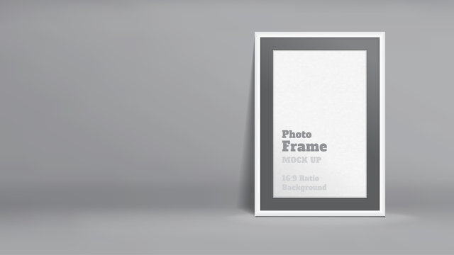 Vector, Blank Photo Frame in dark grey studio room, Template mock up for display or montage of your content,Business presentation backdrop, 16:9 ratio background
