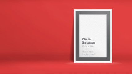 Vector, Blank Photo Frame in red studio room, Template mock up for display or montage of your content,Business presentation backdrop, 16:9 ratio background