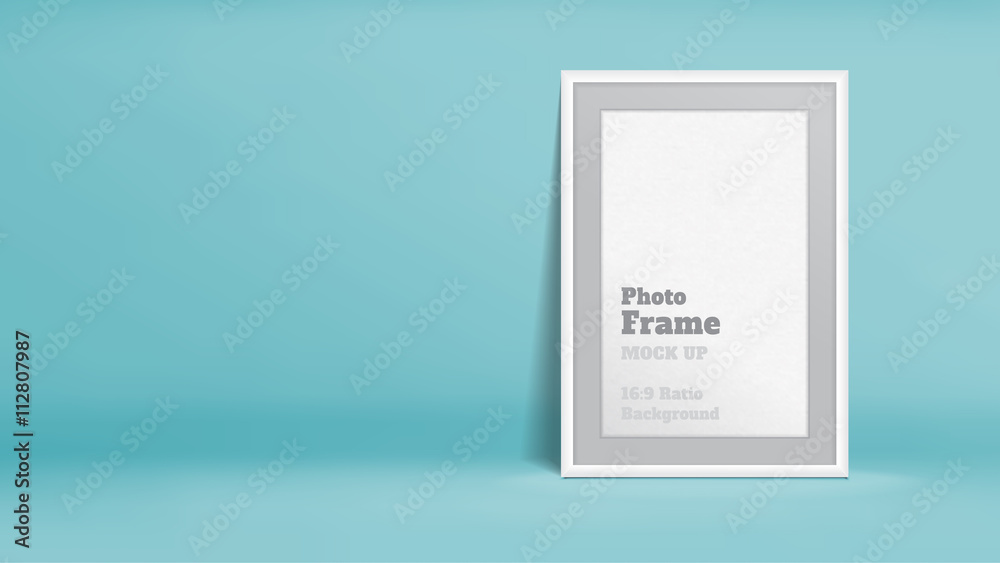 Poster vector, blank photo frame in pastel turquoise studio room, template mock up for display or montage o