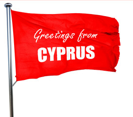 Greetings from cyprus, 3D rendering, a red waving flag