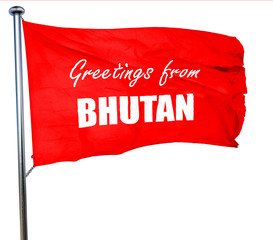 Greetings from bhutan, 3D rendering, a red waving flag