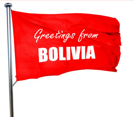 Greetings from bolivia, 3D rendering, a red waving flag
