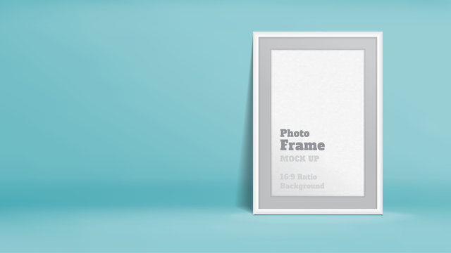 Vector, Blank Photo Frame in pastel turquoise studio room, Template mock up for display or montage of your content,Business presentation backdrop, 16:9 ratio background