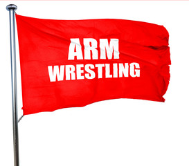 arm wrestling sign background, 3D rendering, a red waving flag