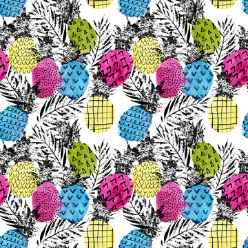 Fototapeta Fototapeta Kolorowe ananasy akwarela na białym tle dla dzieci