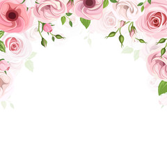 Vector background frame with pink roses and lisianthus flowers. 