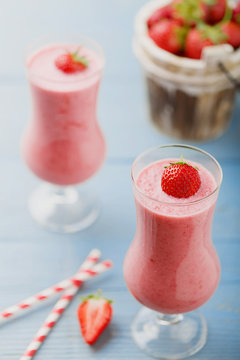 Delicious strawberry smoothie with milk, prepared with fresh str