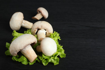 mushrooms with lettuce on black wooden background