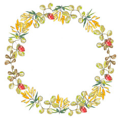 wreath yellow .watercolor painting, small berries, grass and leaves