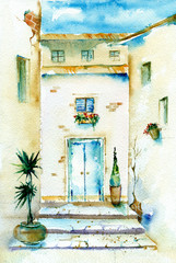 Fototapeta na wymiar Watercolor painting in vintage style. Old сourtyard with blue shabby door on textured paper.