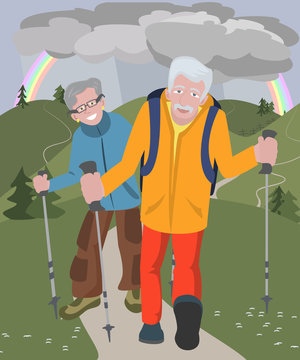 aged couple hiking at hills at rainy weather