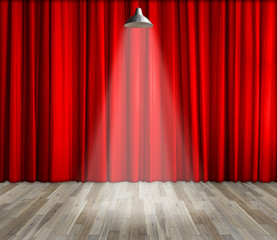 Lamp with lighting on stage. Lamp with red curtain and wooden floor. template for product display, theater, interior stage background