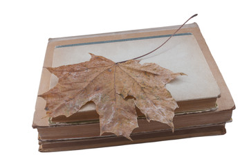 three old shabby books and the autumn sheet on a white background