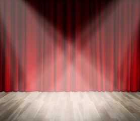 Background. lighting on stage. red curtain and wooden floor interior background.