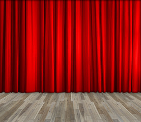 Red curtain and wooden floor interior background, template for product display, theater, interior stage