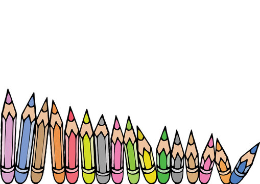 Colored pencils set on white background. Hand-drawn cartoon colored pencils in doodle style.