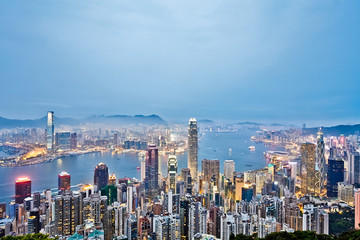 Fototapeta na wymiar Business concept for real estate and corporate construction - panoramic modern city skyline bird eye aerial view with night sky in Hong Kong (HK), China