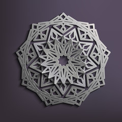 3D Islamic circular ornament of silver. Mandala made of metal. Architectural motif for the Arab pattern. 3D vector template for design East. Element for the Persian pattern