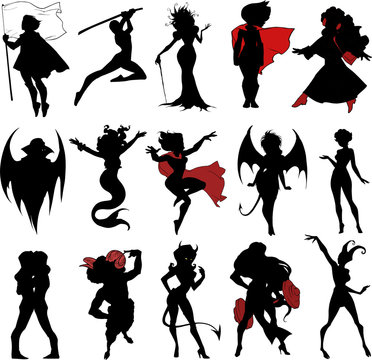 Hand drawn collection set of fifteen different interesting human, legendary, magical, mythological, zodiacal and halloween characters in black silhouette isolated on white background