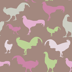 Seamless pattern with chickens and roosters, green, lilac, vector