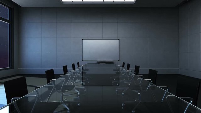 Conference room, brainstorming, forward moving camera, front white board presentation. night time.3D rendering.