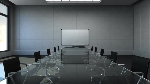 Conference room, brainstorming, forward moving camera, front white board presentation. day time.3D rendering.