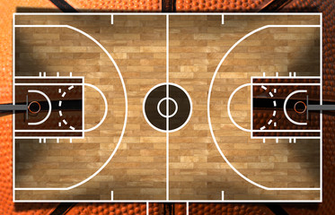 Obrazy na Plexi  Realistyczna ilustracja 3D boiska do koszykówki z drewnianą podłogą (parkiet) oraz pomarańczową i czarną piłką