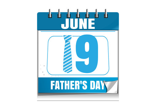 Fathers Day date. Blue wall calendar. Fathers Day date in the calendar. 19 June. Wall calendar isolated on white background. Vector illustration