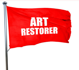 art restorer, 3D rendering, a red waving flag