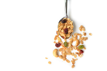 Homemade granola with honey, oatmeal, cashew nut, almond, pistachio, raisin and cranberry on white background - obrazy, fototapety, plakaty