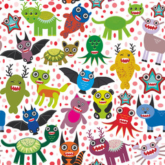 Cute cartoon Monsters seamless pattern  white background. Vector